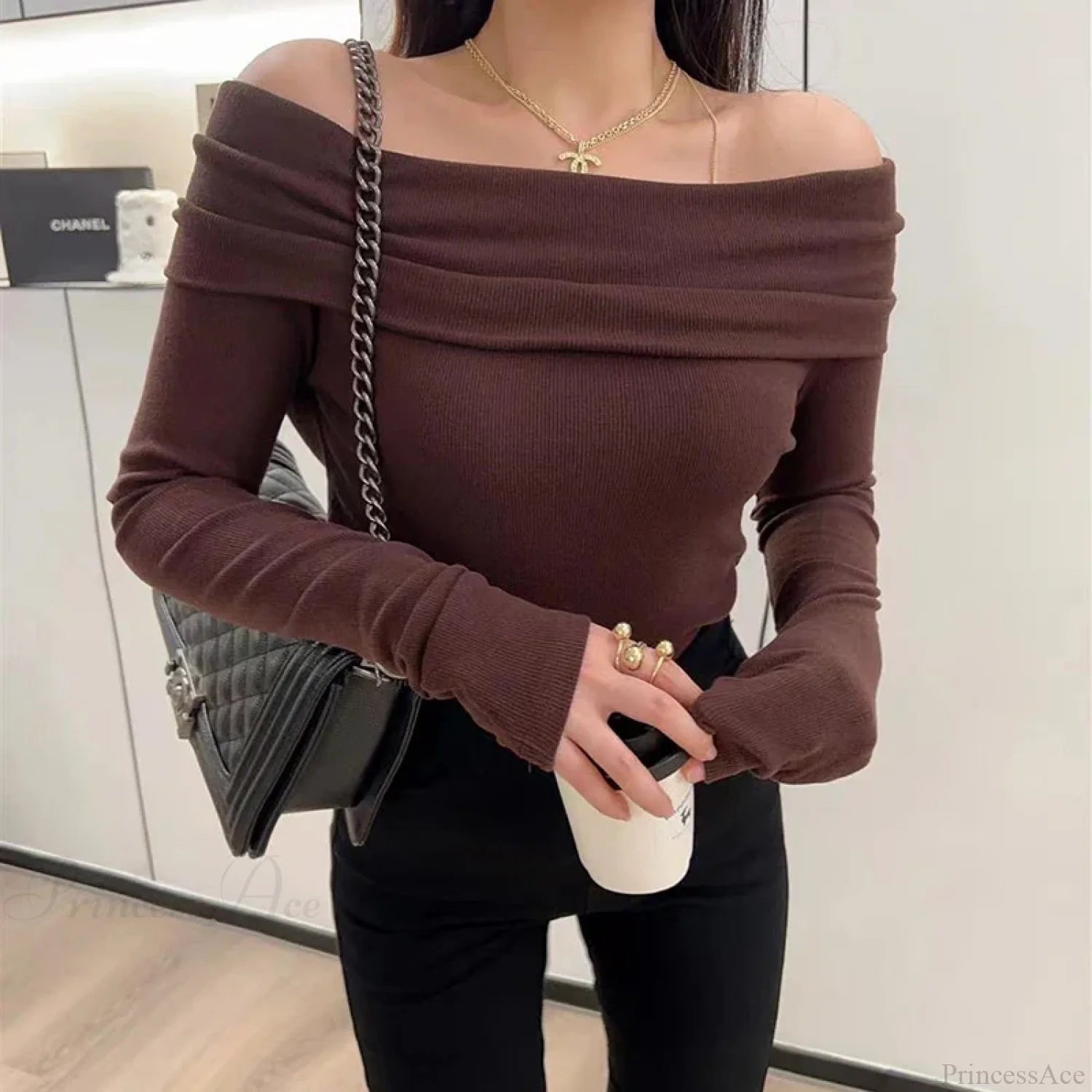 Sexy Slash Neck Pleated Knitted Sweater