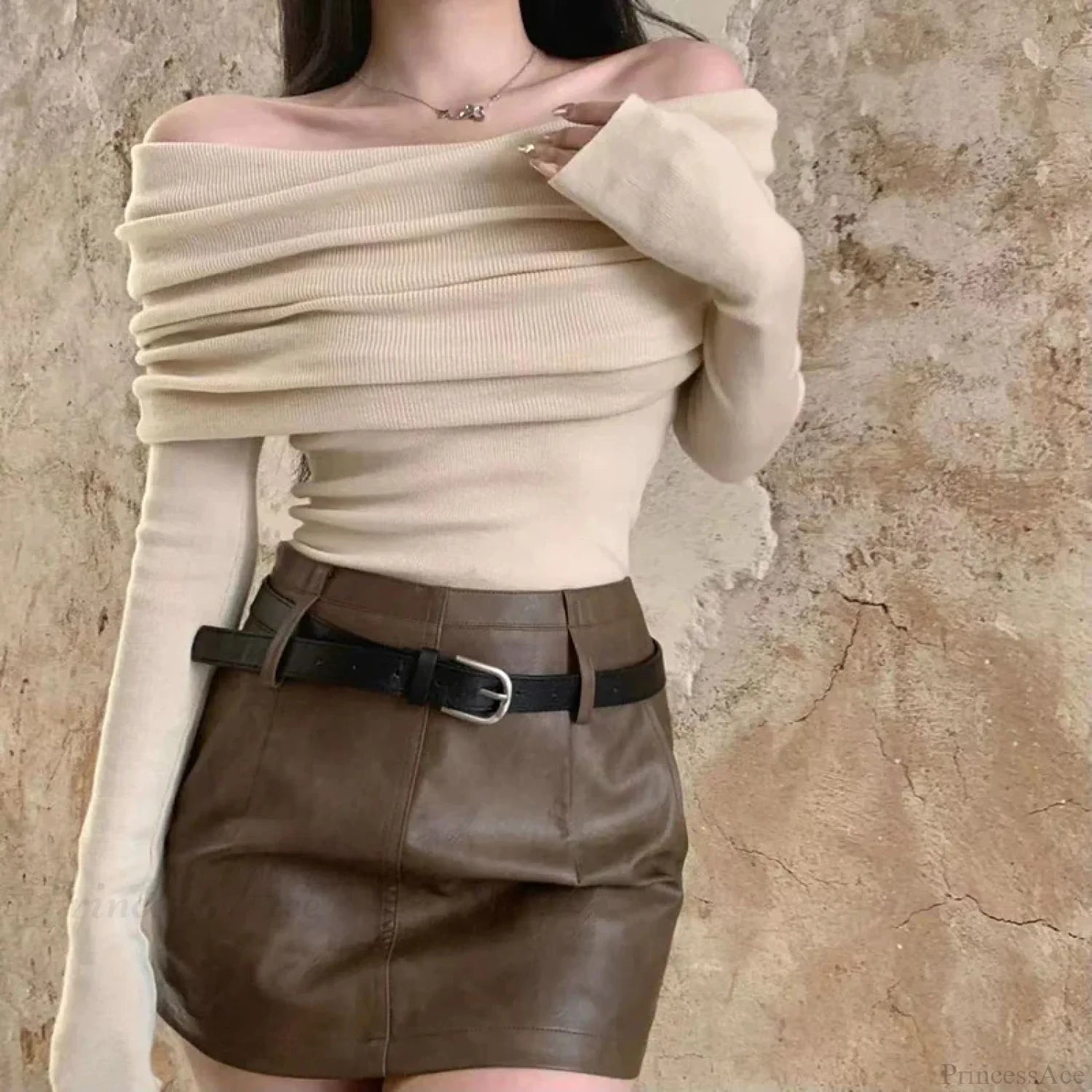 Sexy Slash Neck Pleated Knitted Sweater APRICOT / S