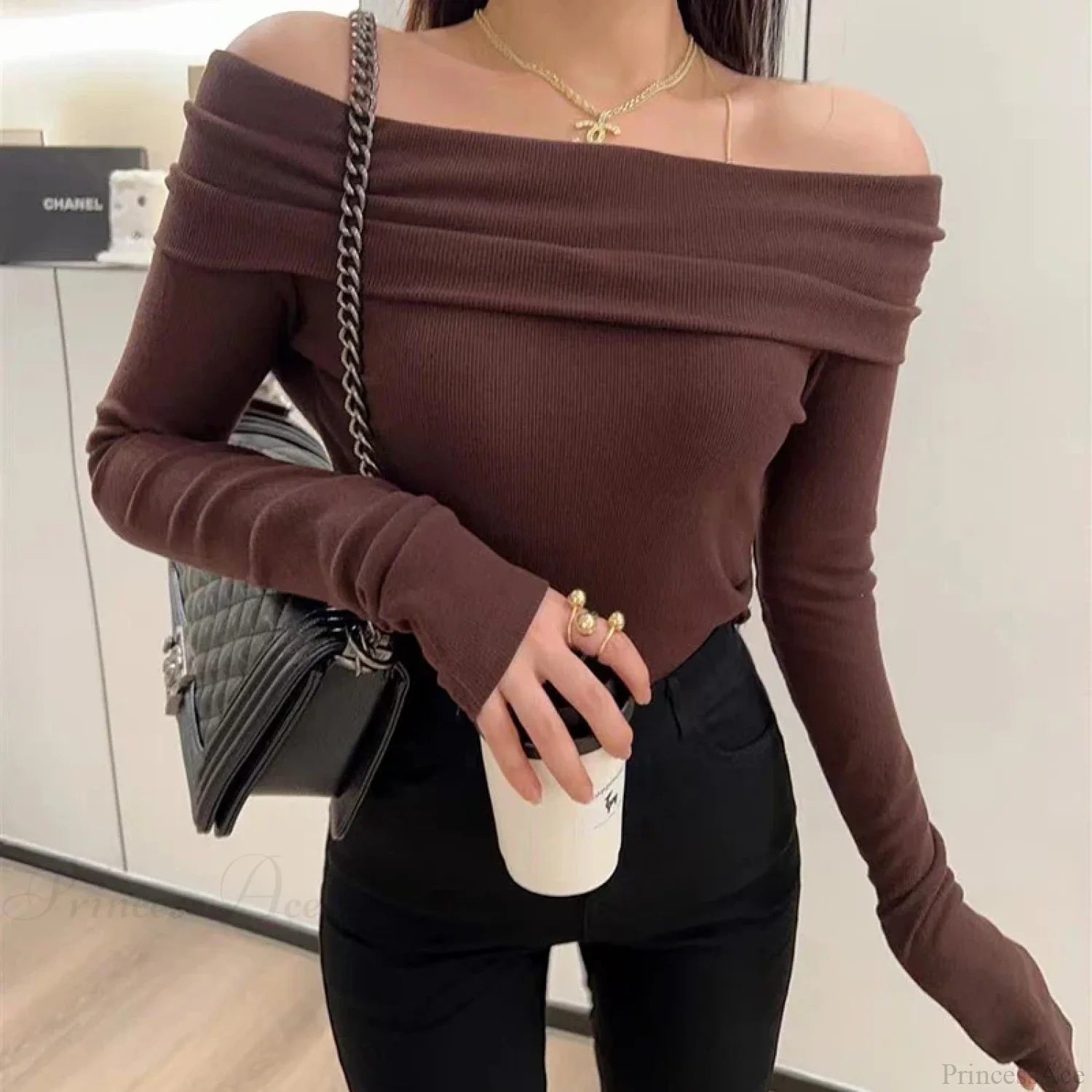 Sexy Slash Neck Pleated Knitted Sweater Coffee / S