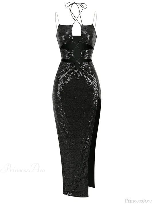 Sexy Sleeveless Cut Out Black Sequins Elegant Backless High Slit Christmas Party Dress / S Dresses-L