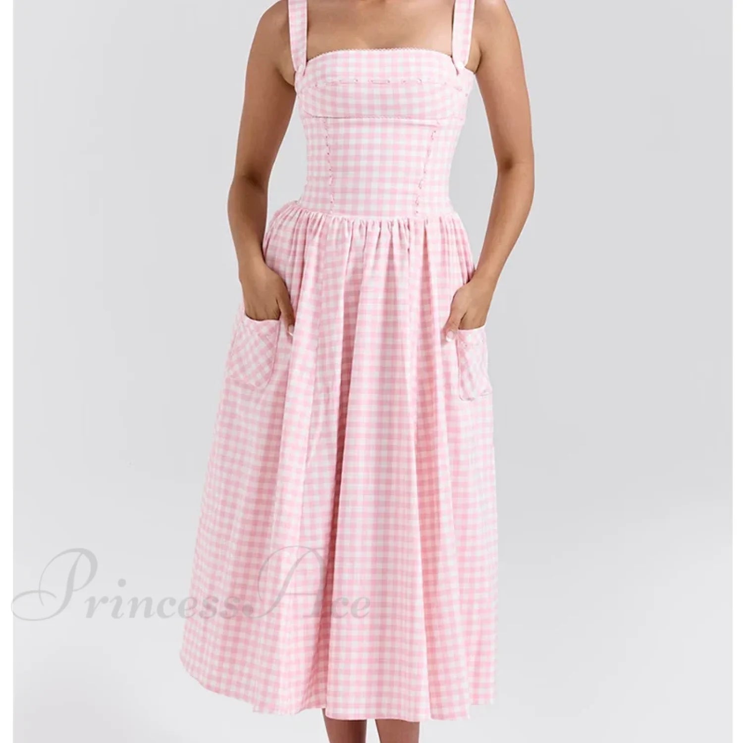 Sexy Sleeveless Plaid Fit and Flare Maxi Dress Pink / S