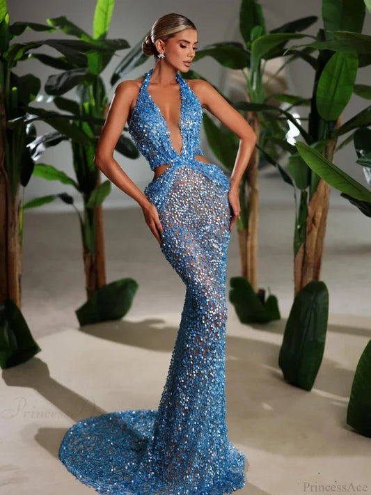 Sexy Sling Deep V-Neck Sequins Long Dress Hollow Out Slim Christmas Party Dresses-L