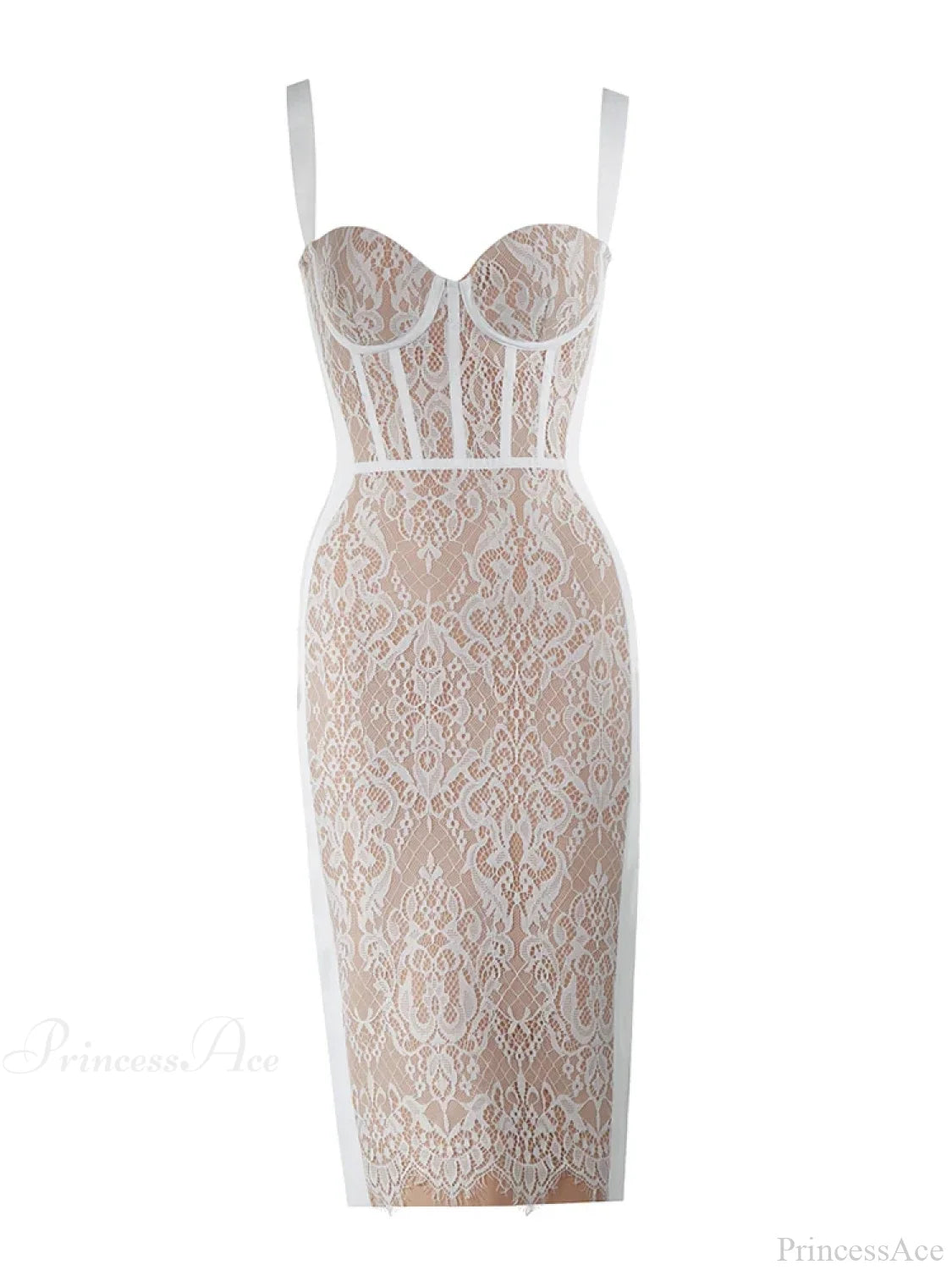 Sexy Sling Square Collar Lace Bandage Sleeveless White Midi Christmas Party Dress White / Xs