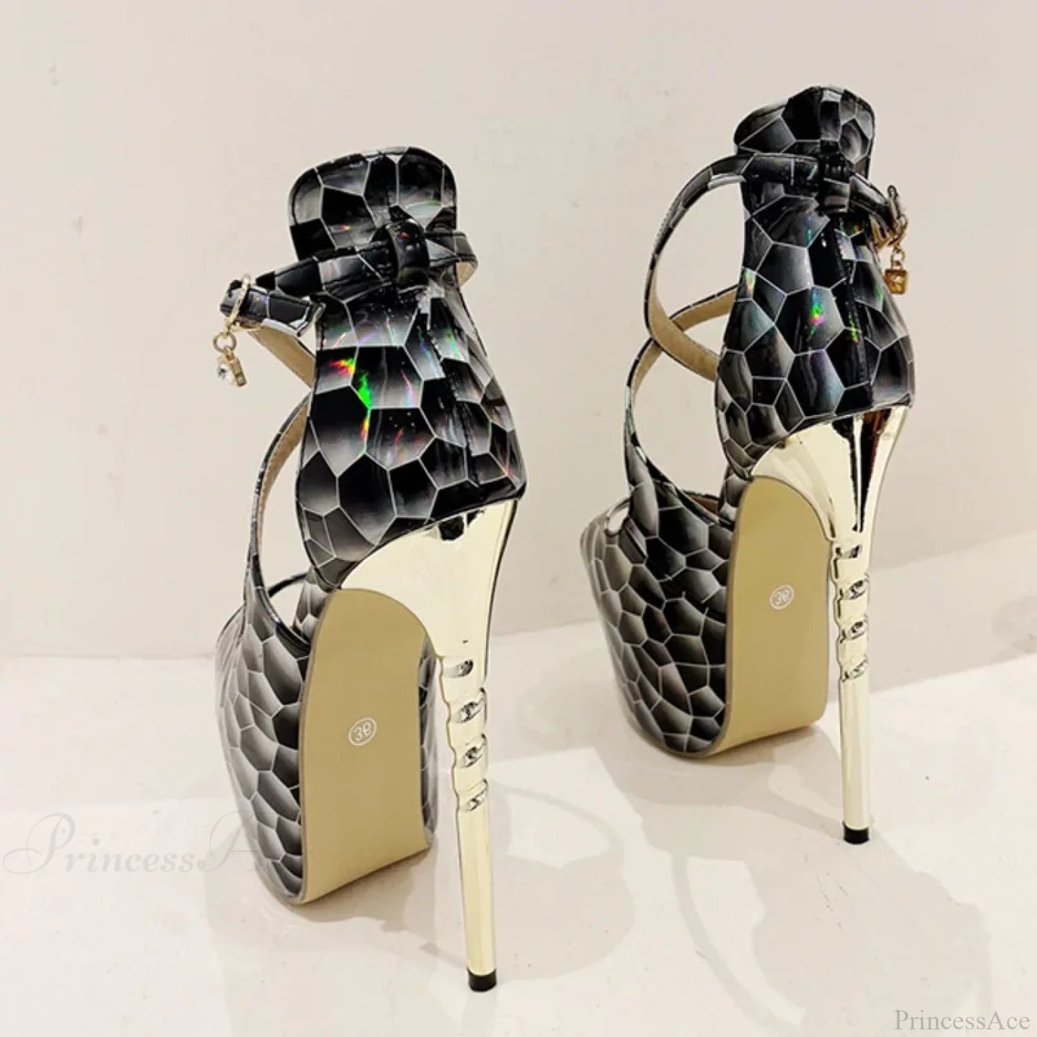 Sexy Snake-Print Platform Buckle-Strap Peep-Toe 17Cm Banquet Ladies High Heel