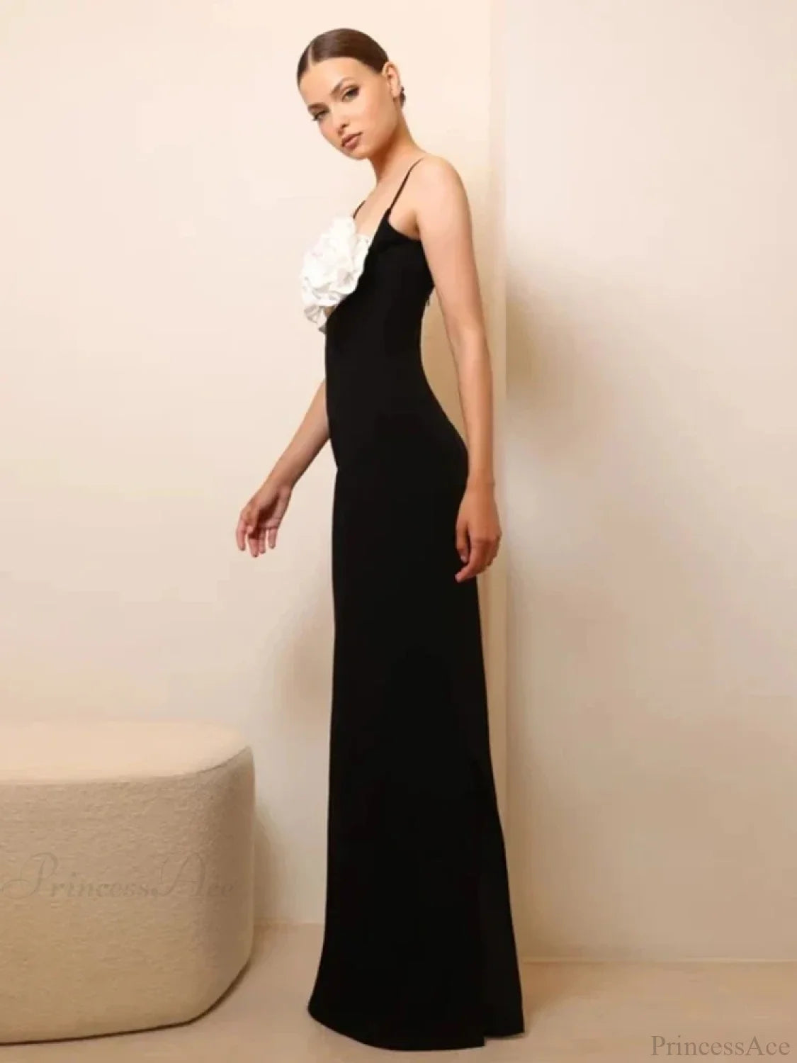 Sexy Spaghetti Strap 3D Flower Bandage Maxi Black Sleeveless Christmas Party Dress Dresses-L