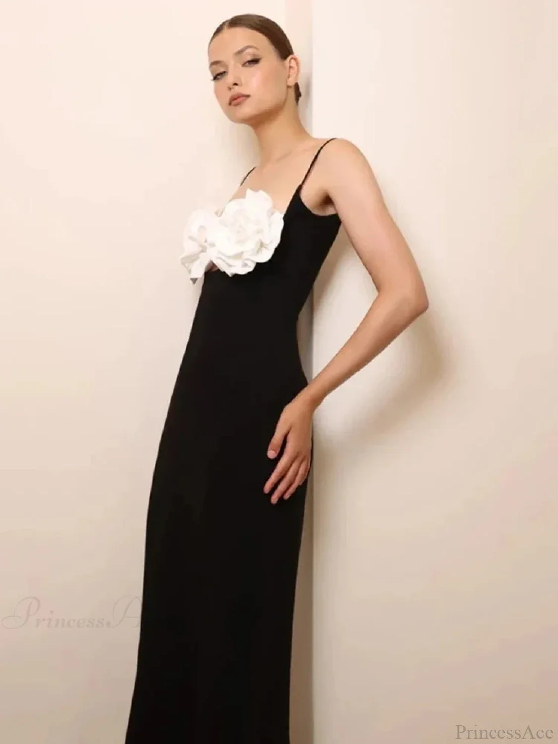 Sexy Spaghetti Strap 3D Flower Bandage Maxi Black Sleeveless Christmas Party Dress Dresses-L