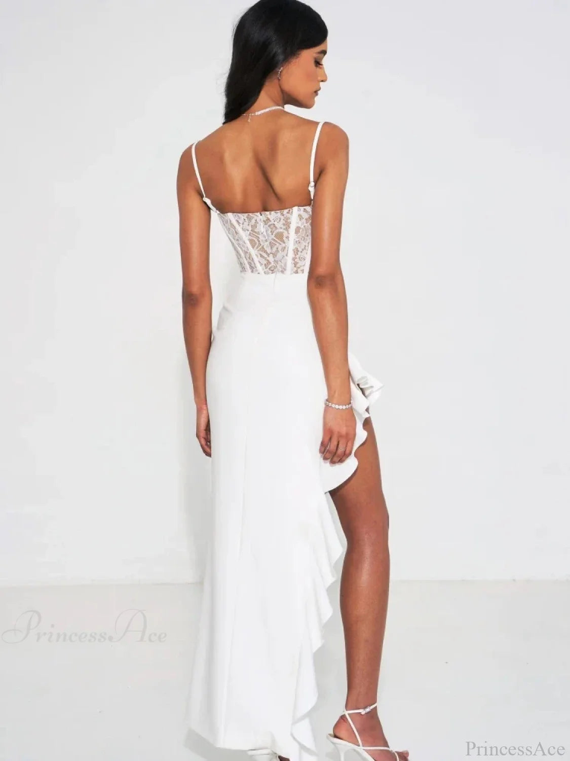 Sexy Spaghetti Strap Lace Patchwork Long Dress Sleeveless Ruffles Christmas Party Dresses-L