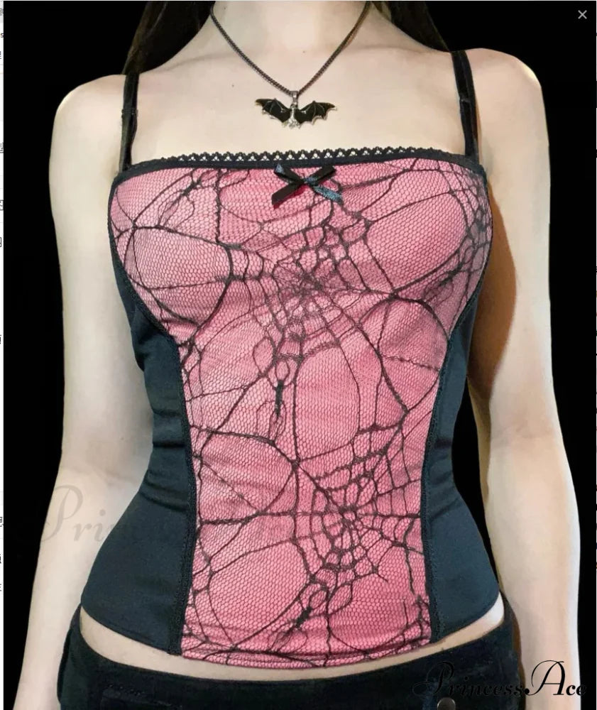 Sexy Spider Web Lace Patchwork Gothic Punk Sleeveless Square Collar Trendy Stylish Crop Top Pink / S