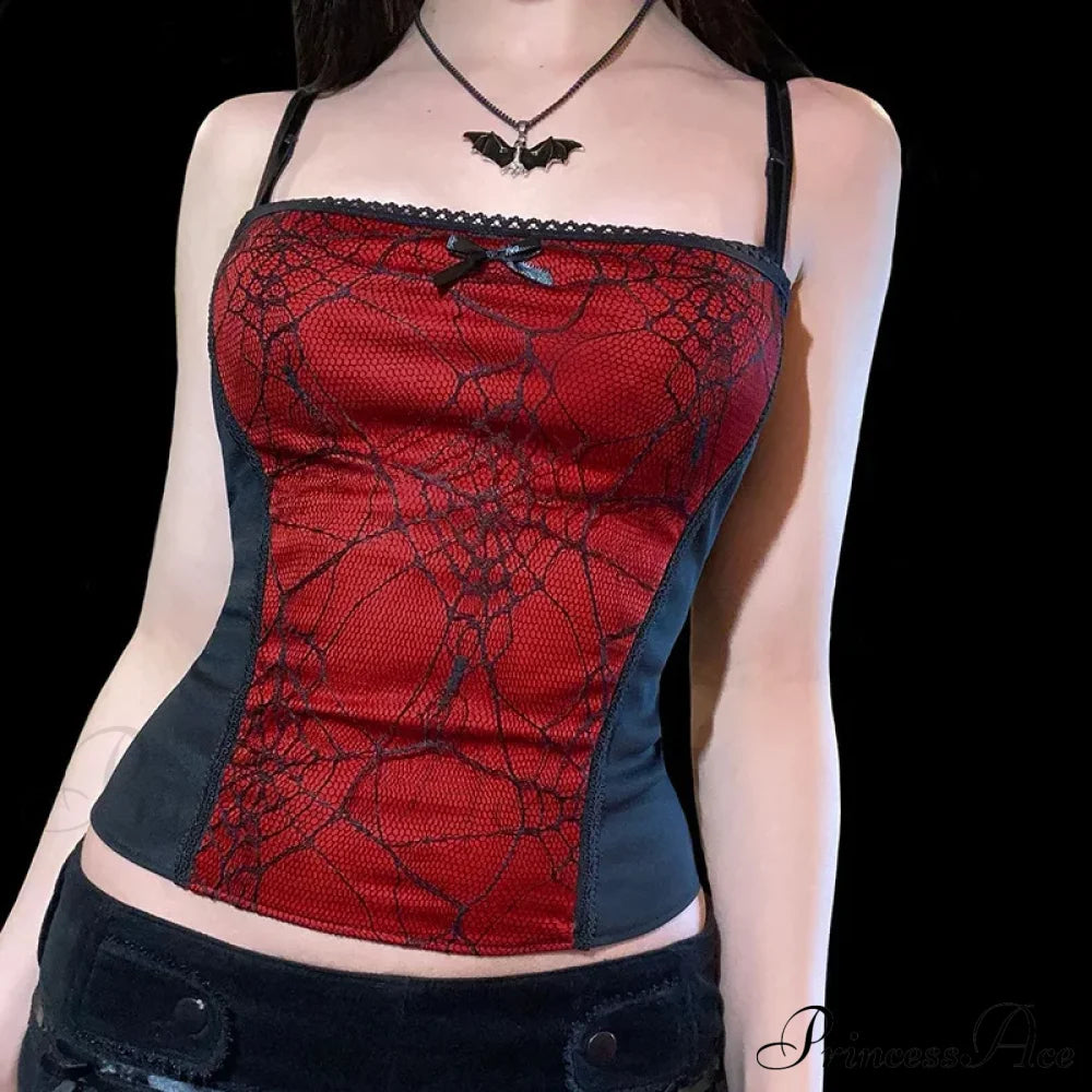 Sexy Spider Web Lace Patchwork Gothic Punk Sleeveless Square Collar Trendy Stylish Crop Top Red / S