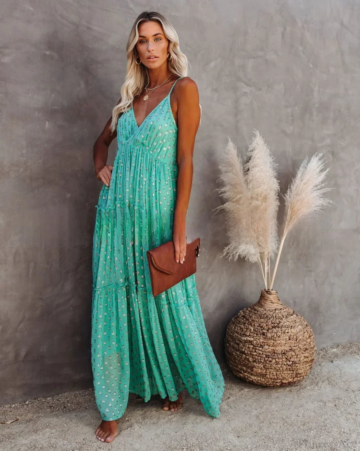 Sexy Split Big Hem Strapless Sleeveless Green Maxi Boho Dress bohodress-250126