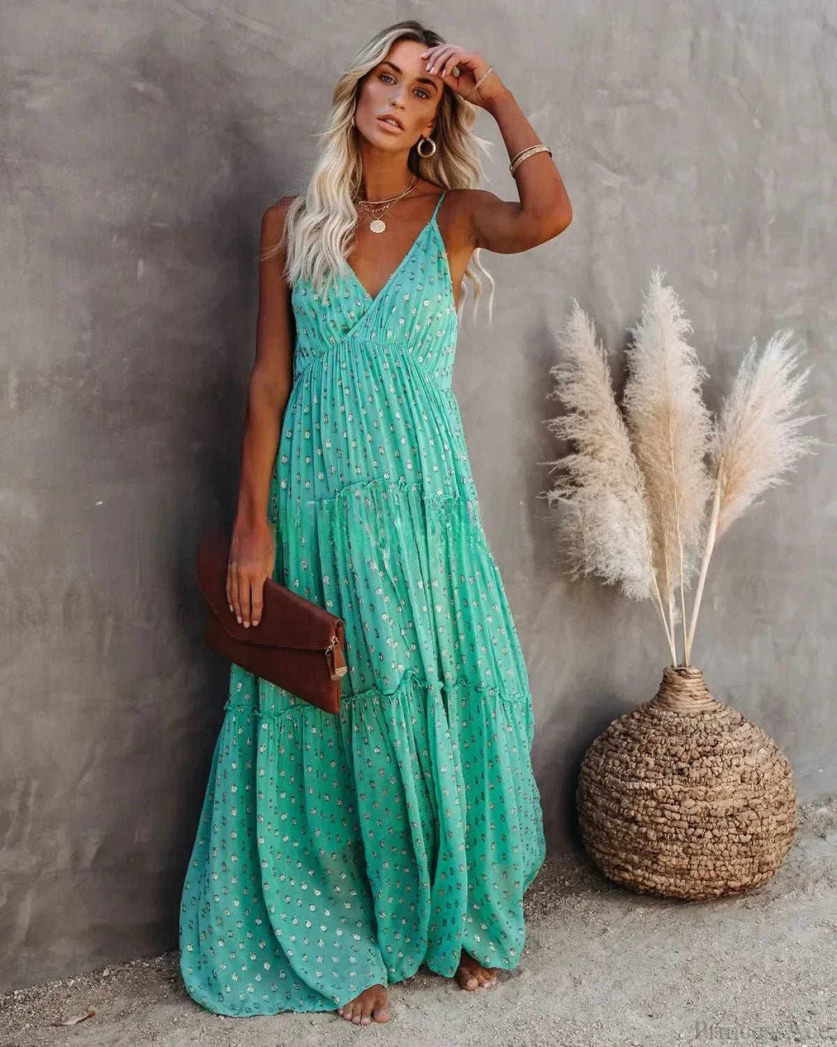 Sexy Split Big Hem Strapless Sleeveless Green Maxi Boho Dress Green / S bohodress-250126