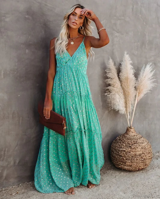 Sexy Split Big Hem Strapless Sleeveless Green Maxi Boho Dress Green / S bohodress-250126