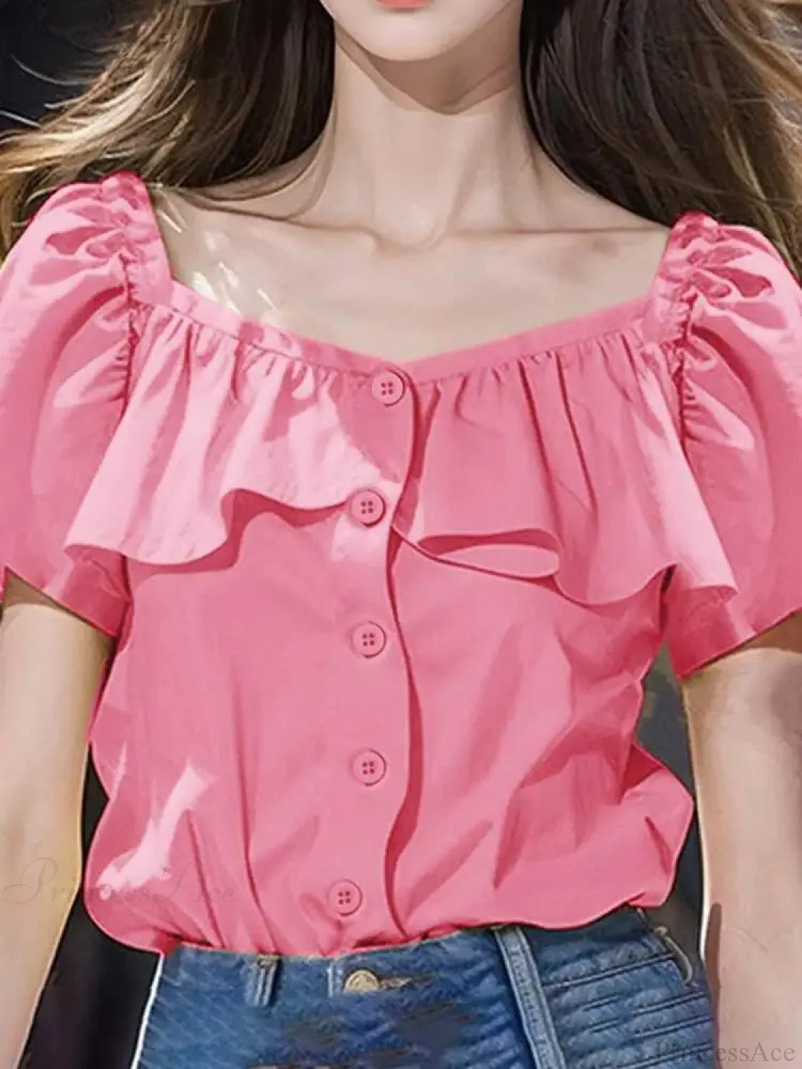 Sexy Square Collar Short Sleeve Casual Blouse Pink / S blouse-250126