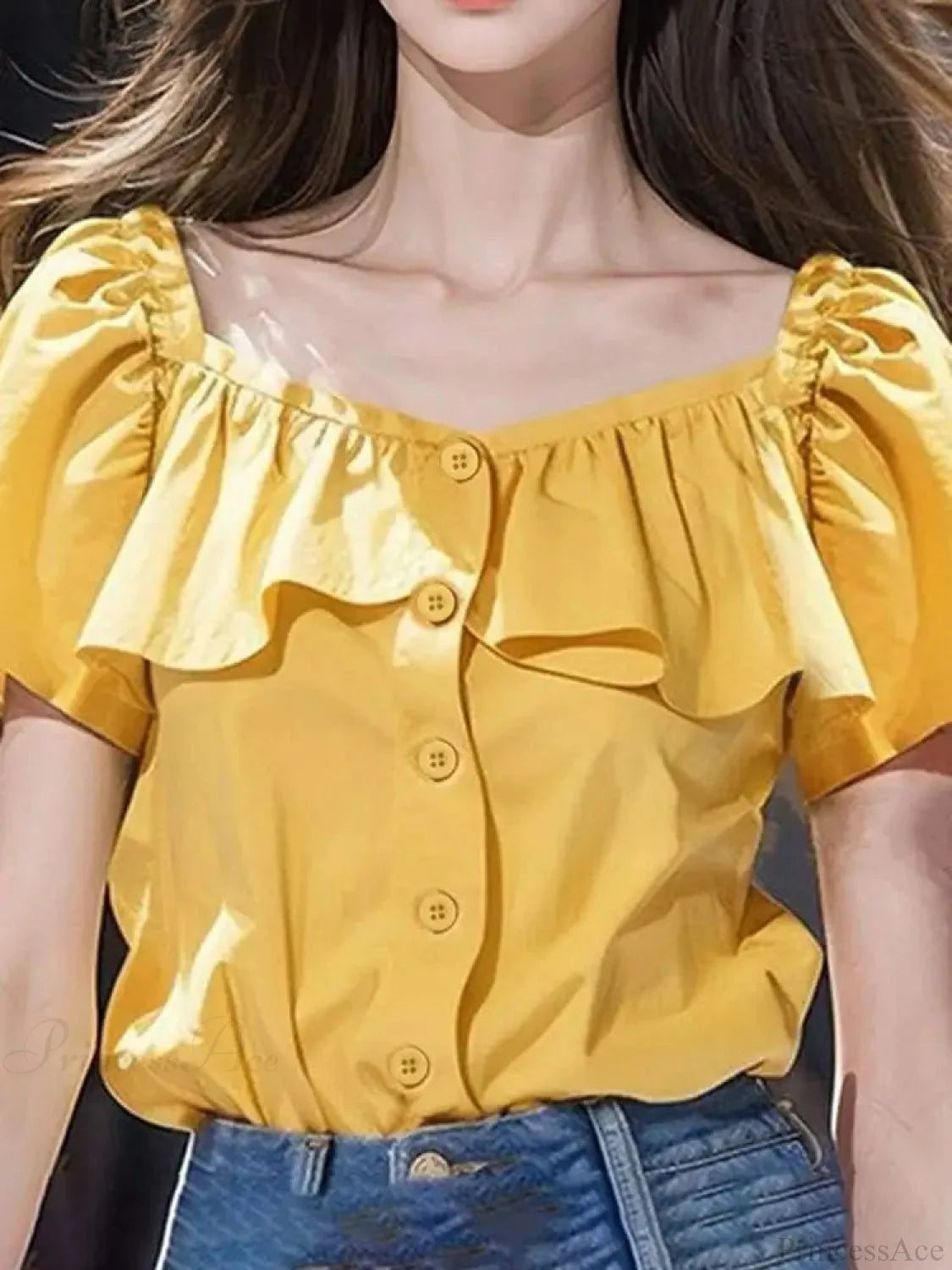 Sexy Square Collar Short Sleeve Casual Blouse Yellow / S blouse-250126
