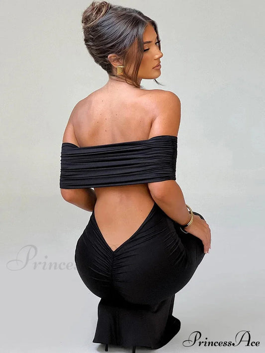 Sexy Strapless Backless Maxi Dress - Solid Off-Shoulder Sleeveless Bodycon Christmas Party Black /