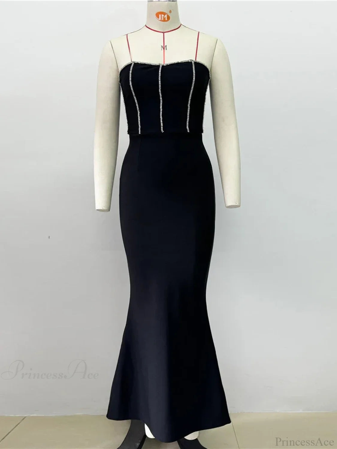 Sexy Strapless Diamonds Chain Bandage Long Black Sleeveless Backless Crystal Christmas Party Dress