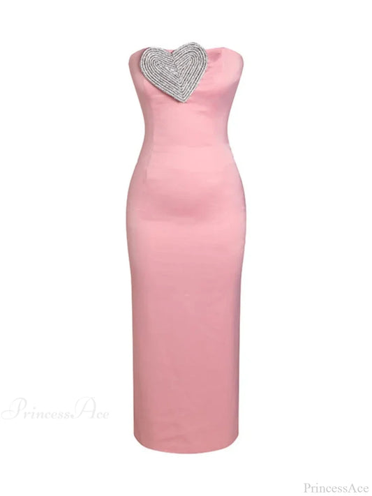 Sexy Strapless Heart Crystal Design Long Pink Sleeveless Diamonds Elegant Christmas Party Dress / S