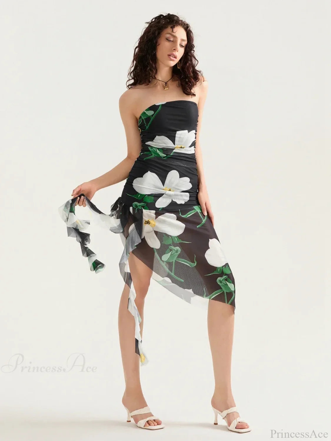 Sexy Strapless Ruffle Tassel Mini Floral Dress floraldress-250126
