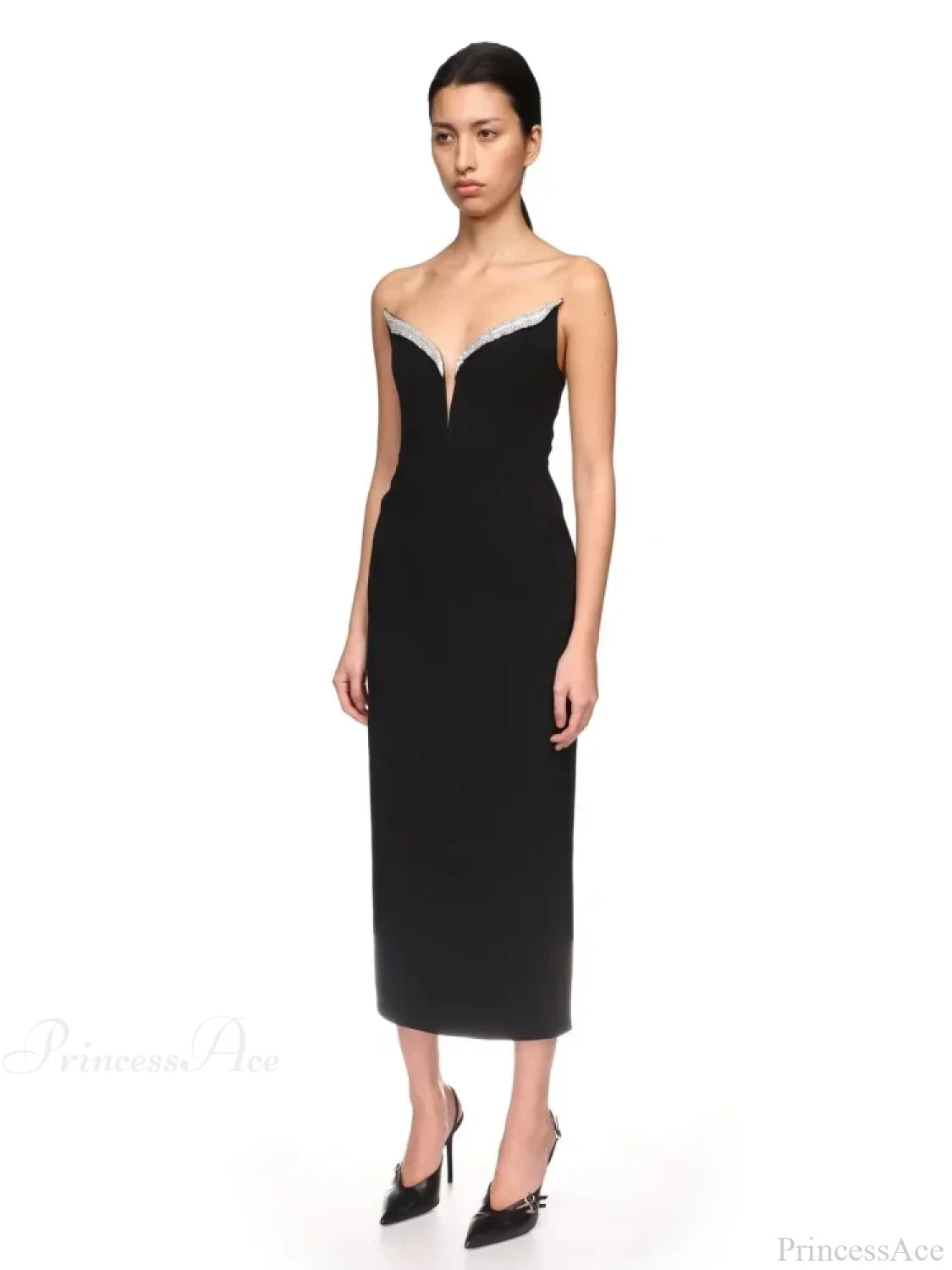 Sexy Strapless V Neck Diamonds Bandage Black Sleeveless Christmas Party Dress / Xs Dresses-L