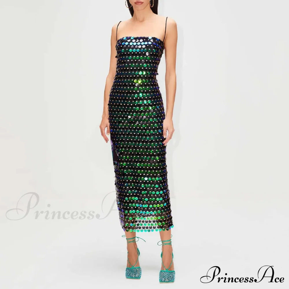 Sexy Suspender Slim Sequin Sleeveless Sling Cocktail Evening Gown Chic Lady Elegant Sequins