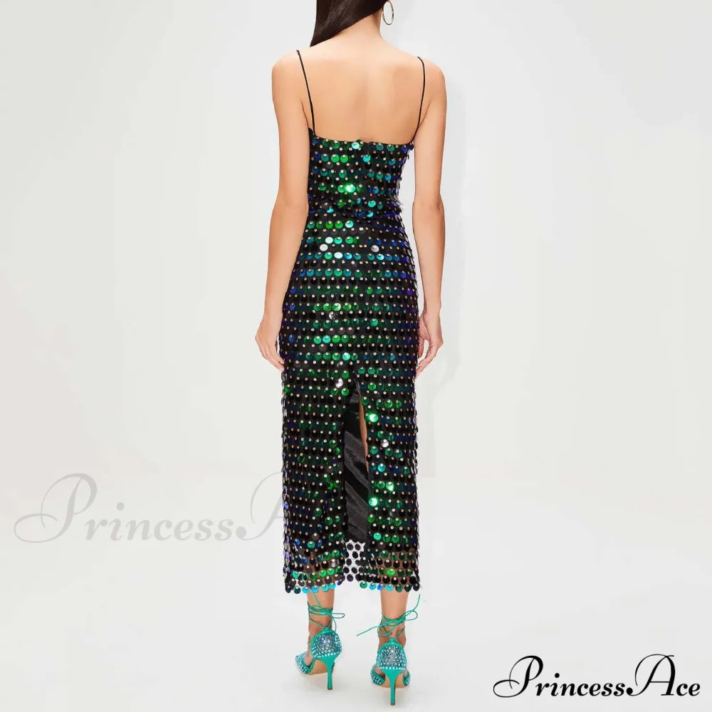 Sexy Suspender Slim Sequin Sleeveless Sling Cocktail Evening Gown Chic Lady Elegant Sequins