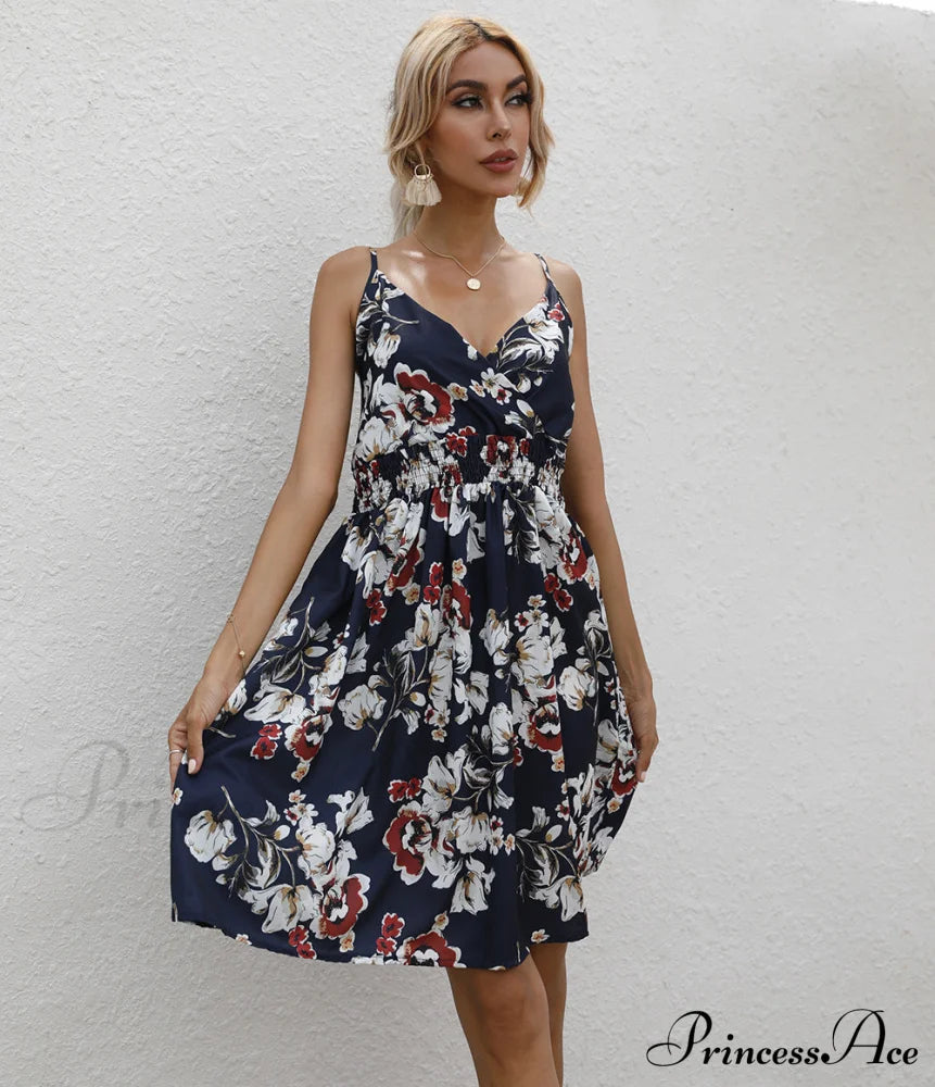 Sexy Suspenders V Neck Mini Skirt Casual Summer Floral Print Dress L / Red Dresses