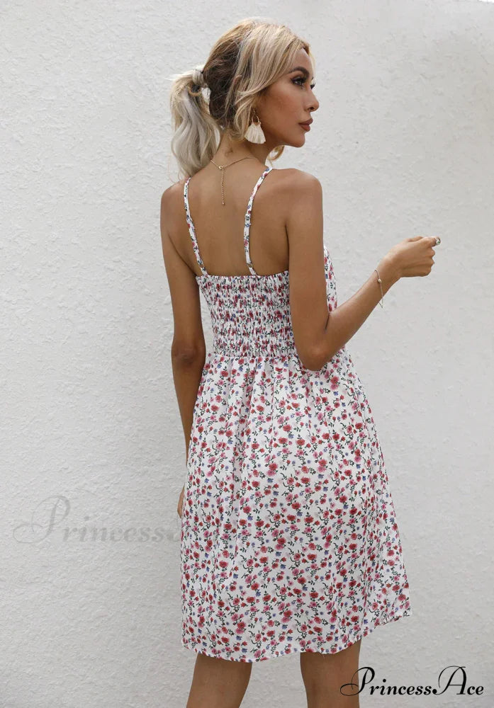 Sexy Suspenders V Neck Mini Skirt Casual Summer Floral Print Dress M / Red Dresses