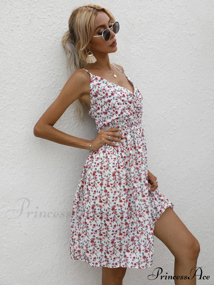 Sexy Suspenders V Neck Mini Skirt Casual Summer Floral Print Dress S / Black Dresses