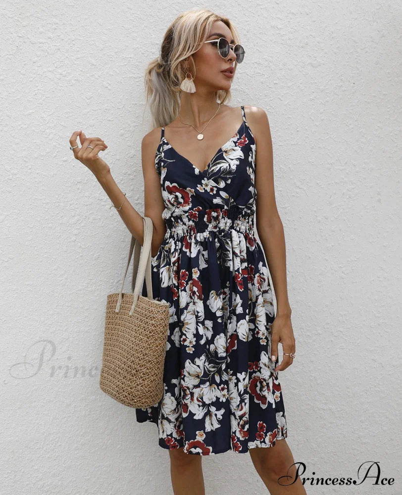 Sexy Suspenders V Neck Mini Skirt Casual Summer Floral Print Dress Xxl / Black Dresses