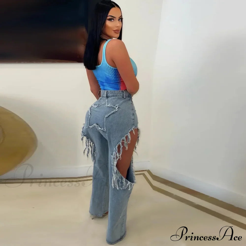 Sexy Tassels Ripped Baggy Summer 2024 Female Bottoms Streetwear High Waist Denim Jean Blue / S