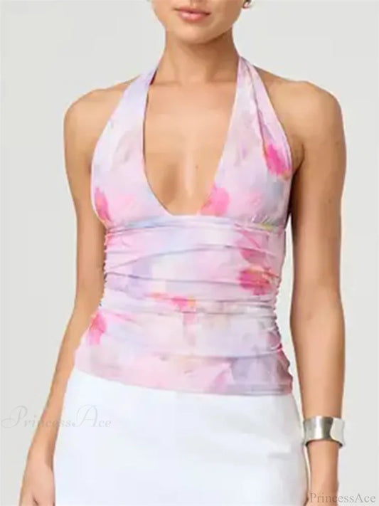 Sexy Tie-up Halter Tie-dye Ruched Crop Top croptop-250126