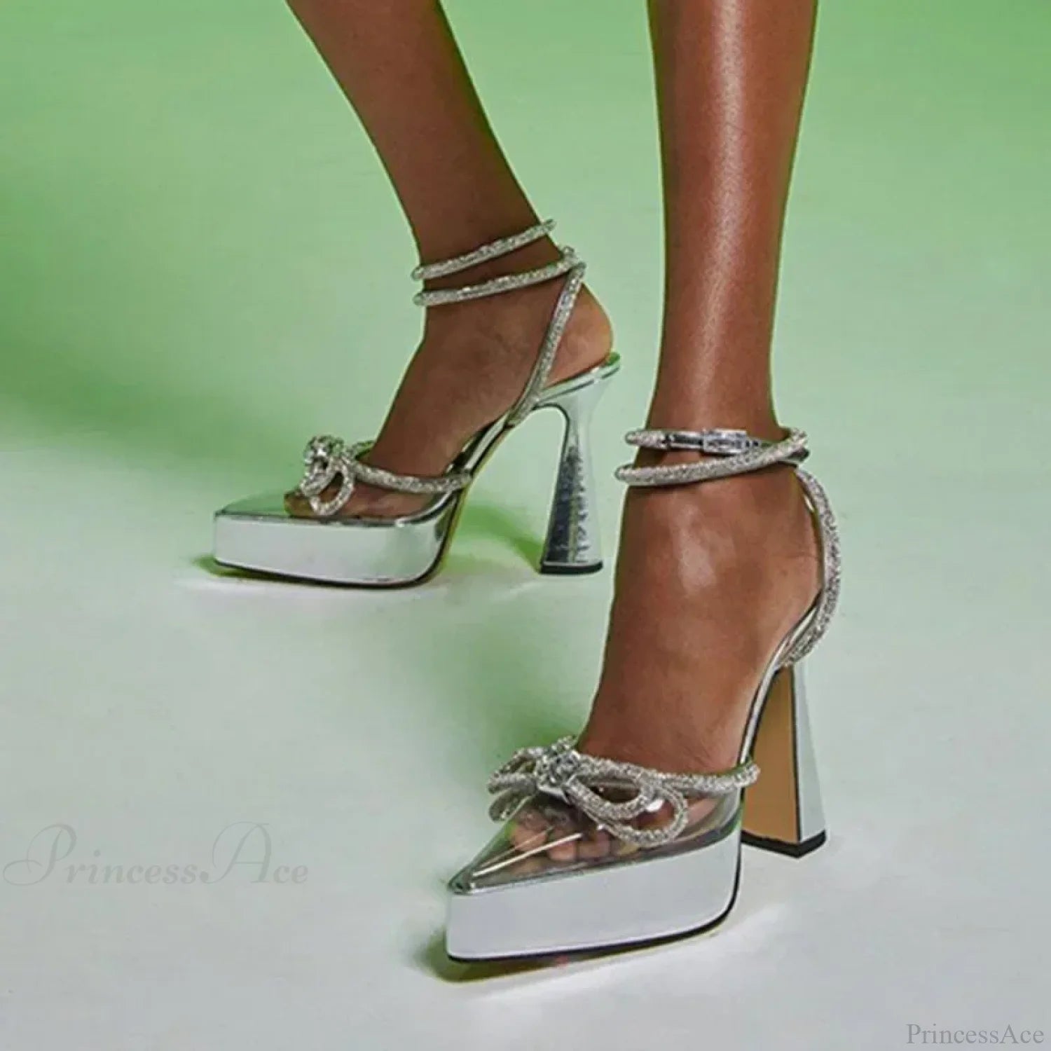 Sexy Transparent Pvc Crystal Pointed Butterfly Knot Chunky High Heel Party Wedding