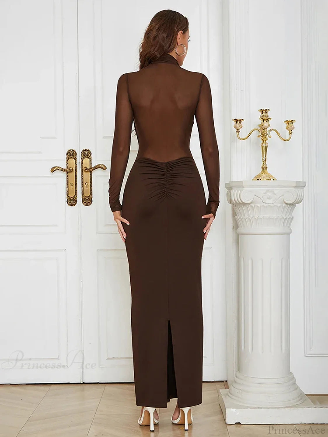 Sexy Turtleneck Mesh Patchwork Folds Brown Long Sleeve Draped Christmas Party Dress Dresses-L