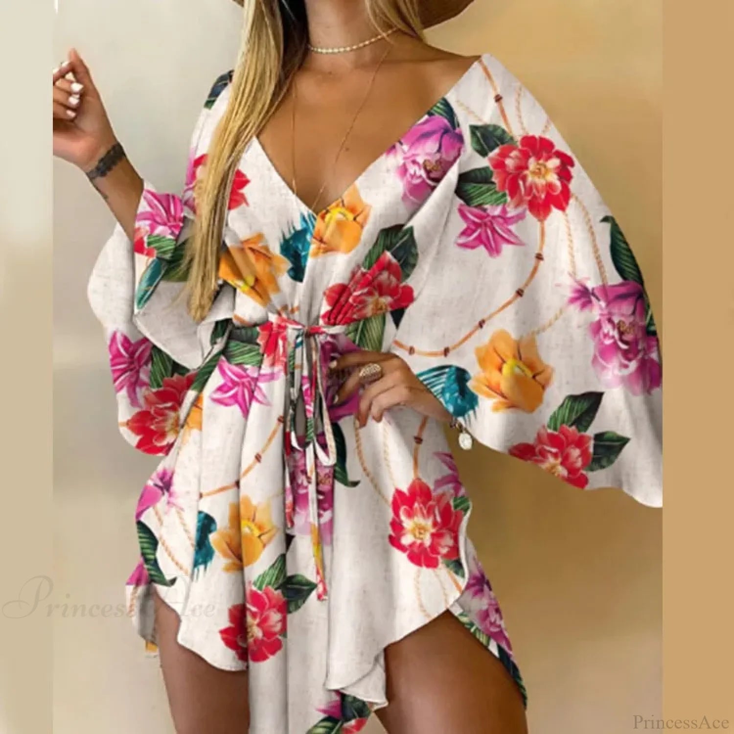Sexy V-neck Bat Sleeve Bohemian Floral Beach Sundress Fuchsia / S oldfloraldress-250126