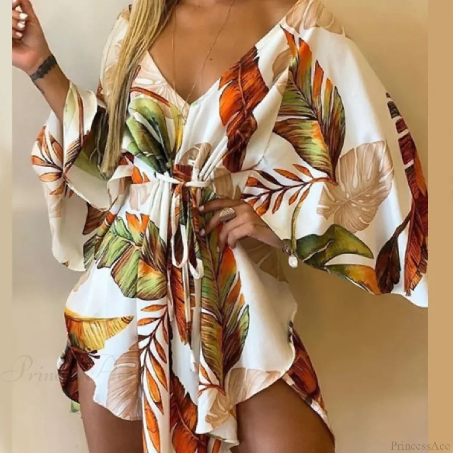 Sexy V-neck Bat Sleeve Bohemian Floral Beach Sundress Light Green / S oldfloraldress-250126
