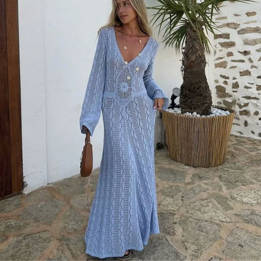 Sexy V Neck Crochet Boho Dress SKY BLUE / S bohodress-250126