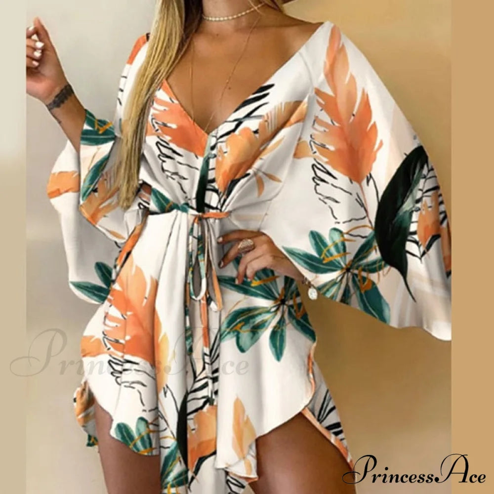 Sexy V-Neck Foliage Design Leopard Elegant Casual Harajuku Lady Arm Warm-Season Gown Mini Lace-Up