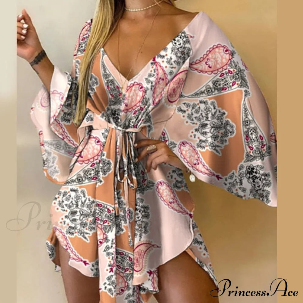 Sexy V-Neck Foliage Design Leopard Elegant Casual Harajuku Lady Arm Warm-Season Gown Mini Lace-Up