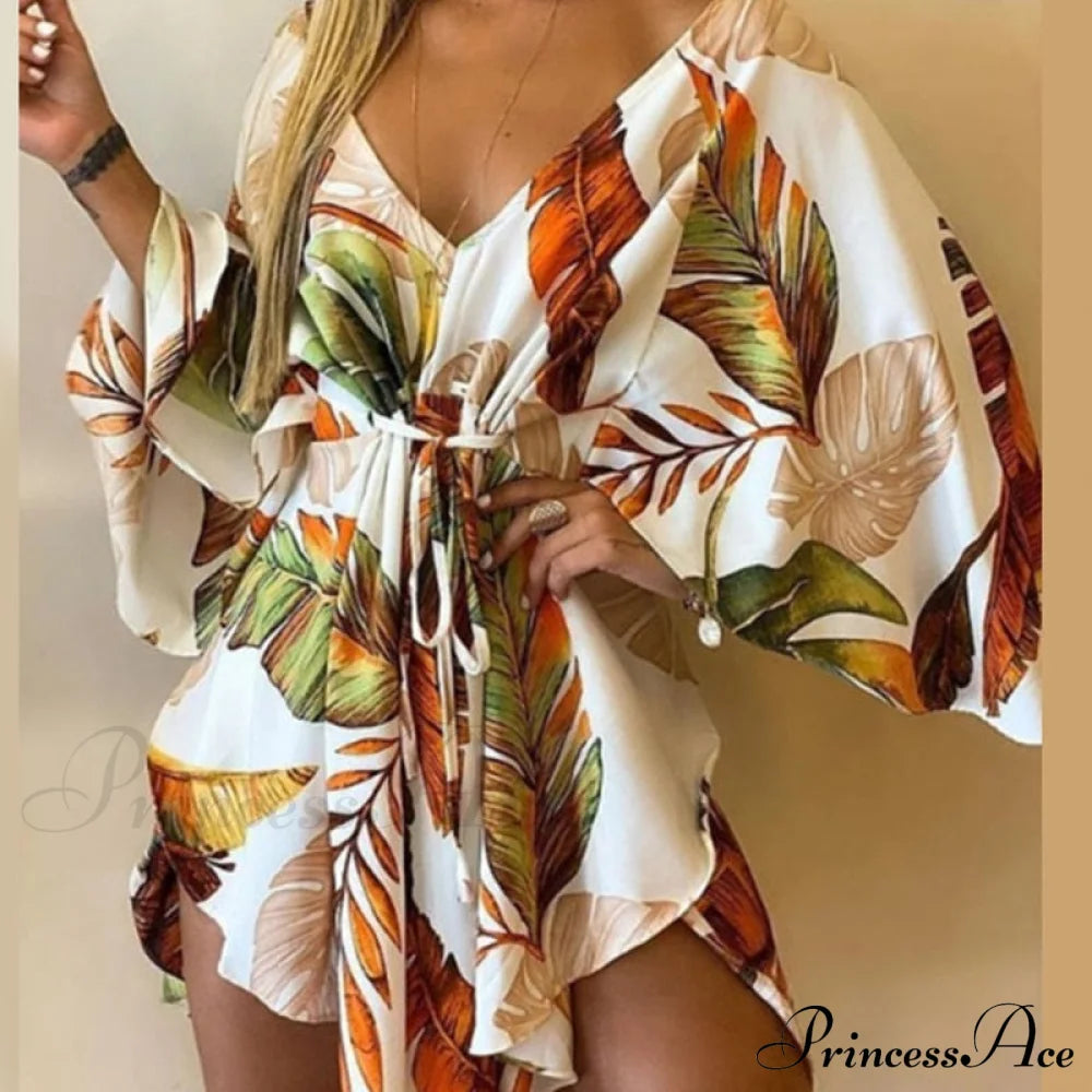 Sexy V-Neck Foliage Design Leopard Elegant Casual Harajuku Lady Arm Warm-Season Gown Mini Lace-Up