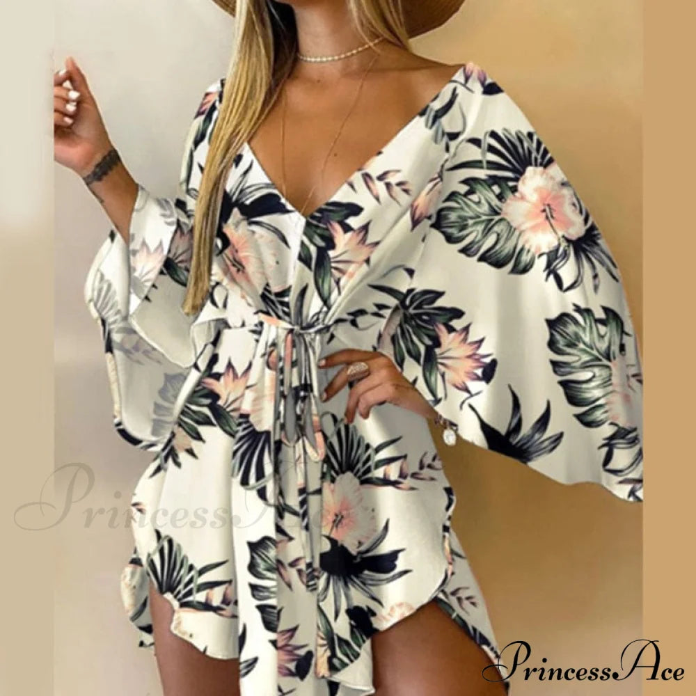 Sexy V-Neck Foliage Design Leopard Elegant Casual Harajuku Lady Arm Warm-Season Gown Mini Lace-Up