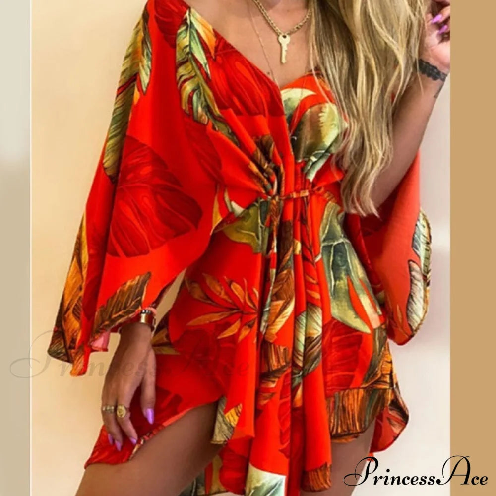 Sexy V-Neck Foliage Design Leopard Elegant Casual Harajuku Lady Arm Warm-Season Gown Mini Lace-Up