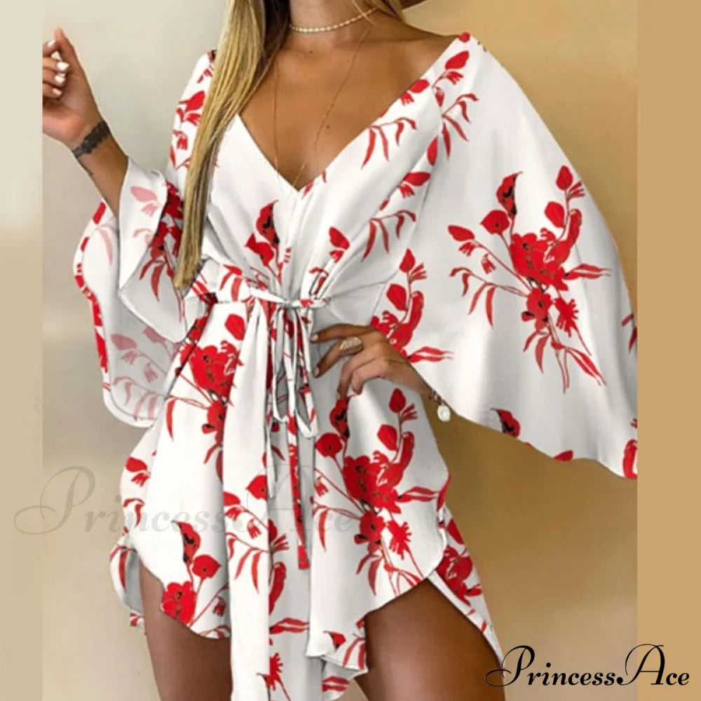 Sexy V-Neck Foliage Design Leopard Elegant Casual Harajuku Lady Arm Warm-Season Gown Mini Lace-Up