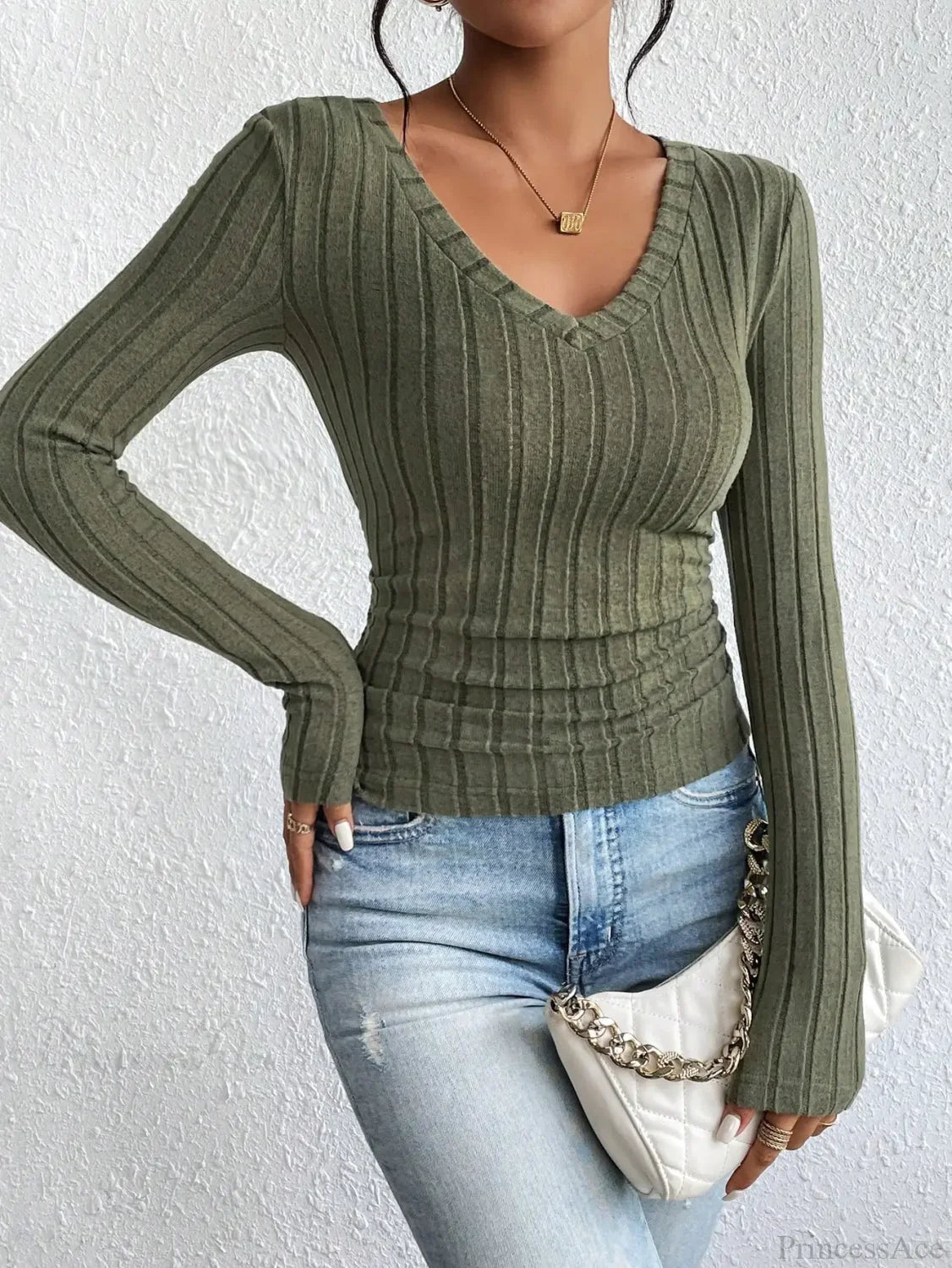 Sexy V-Neck High-Grade Spice Sweater Knitted T-shirt Women army green / XS knittop-250126