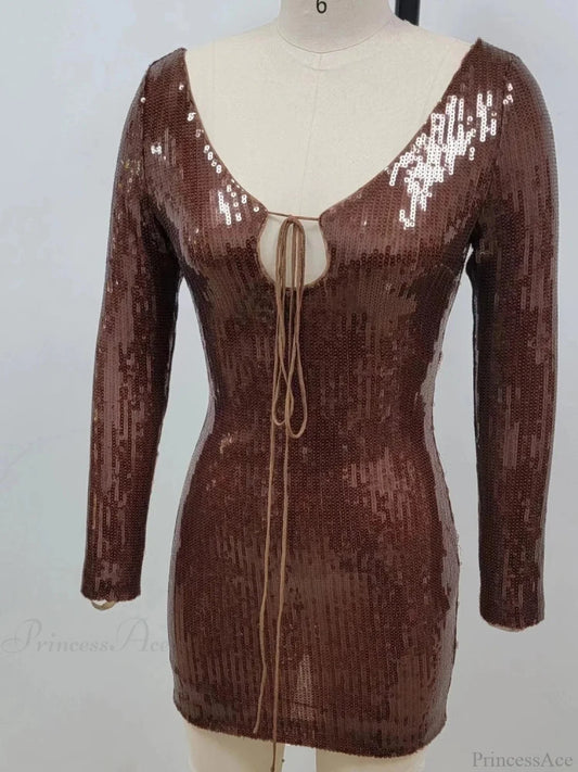 Sexy V Neck Long Sleeves Backless Sequin Mini Dress Women Christmas Party Chocolate / Xs Dresses-L
