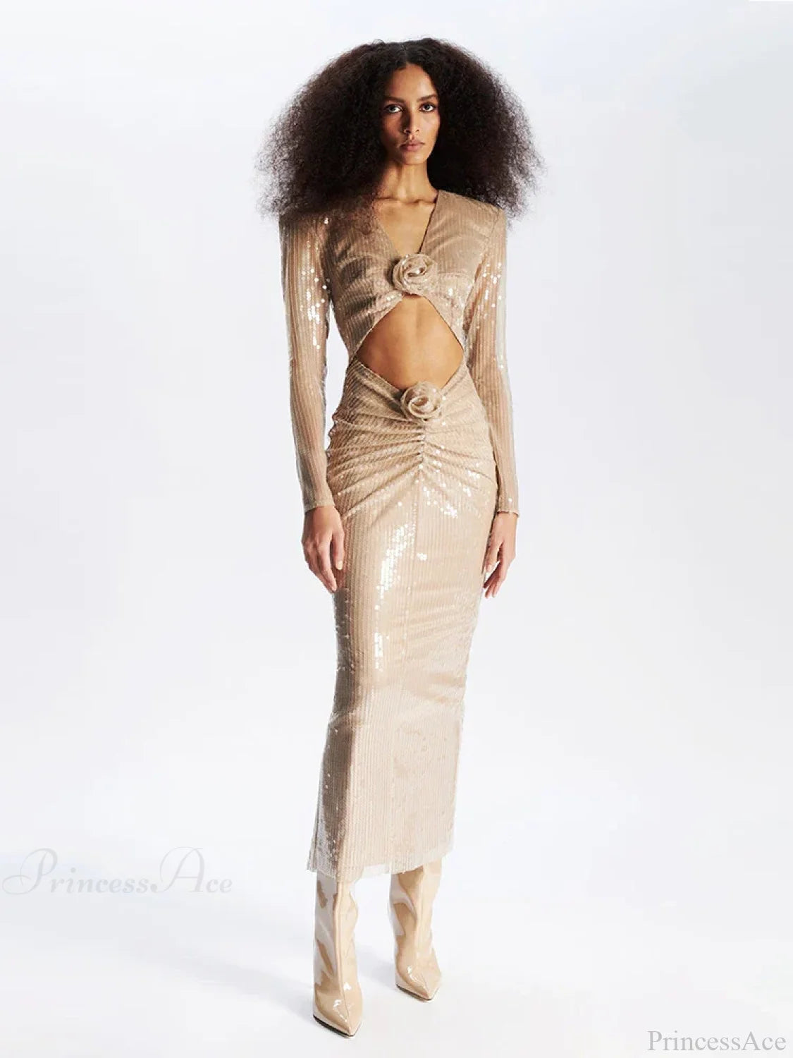 Sexy V Neck Sequins Cutout 3D Flower Dress Long Sleeves Christmas Party Dresses-L