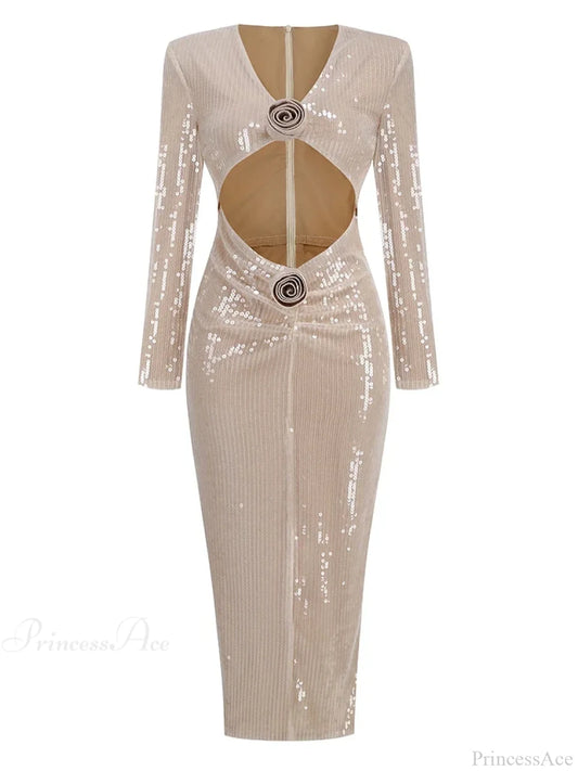 Sexy V Neck Sequins Cutout 3D Flower Dress Long Sleeves Christmas Party Khaki / S Dresses-L