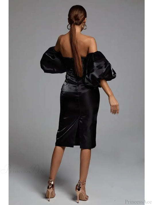 Sexy V-Neck Strapless Puff Sleeve Satin Midi Off Shoulder Christmas Party Dress Dresses-L