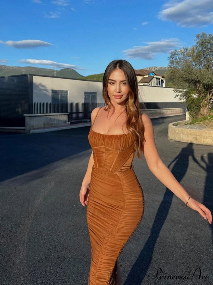 Sexy Warm-Season Strap Elegant Spaghetti Evening Woman Mesh Stretchy Party Gown Ruched Bodycon Long