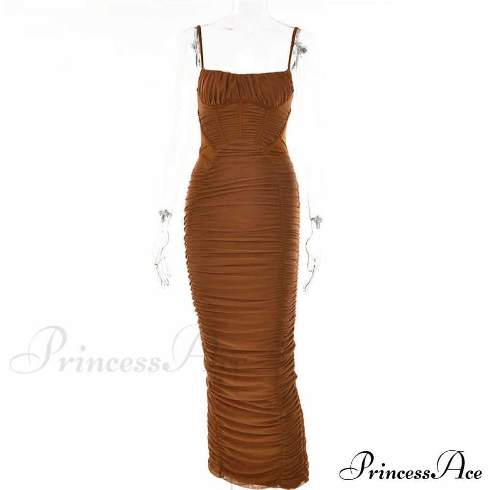 Sexy Warm-Season Strap Elegant Spaghetti Evening Woman Mesh Stretchy Party Gown Ruched Bodycon Long