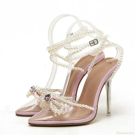 Sexy White String-Bead Transparentfashionable Butterfly-Knot Clear Pointed-Toe Summer Pumps High